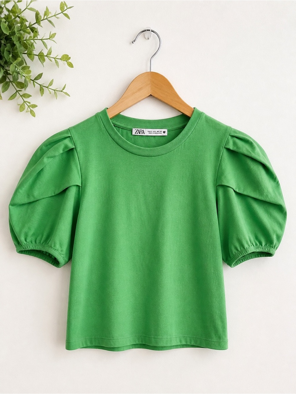 Zara Green Puff Sleeve Top Small Voluminous Pleated Blouse Cropped Tee